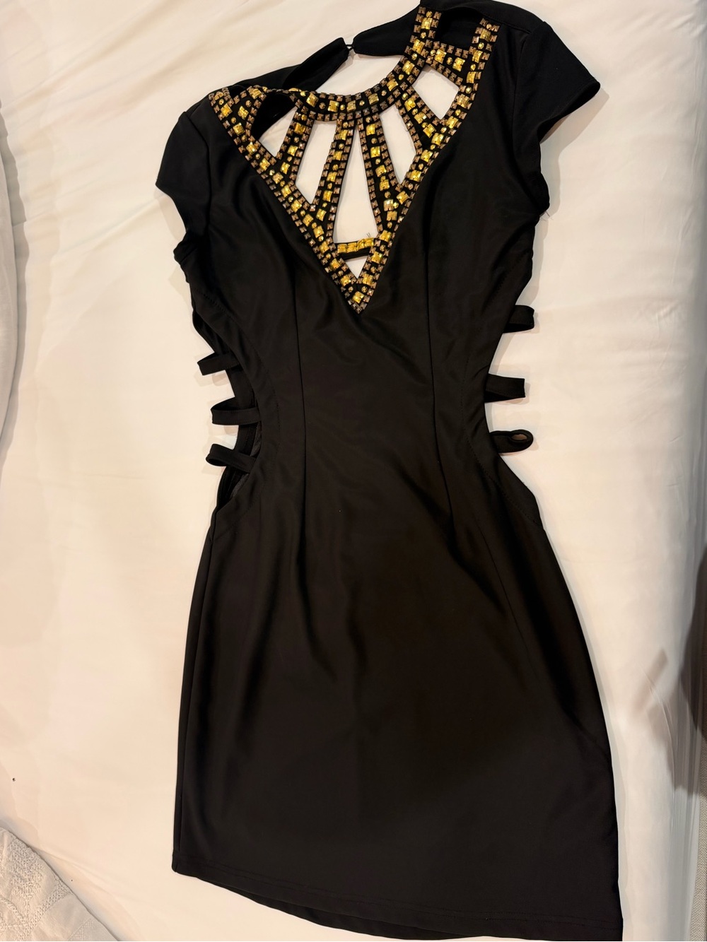 Sara Boo Black Mini Dress with Beaded Keyhole Neckline